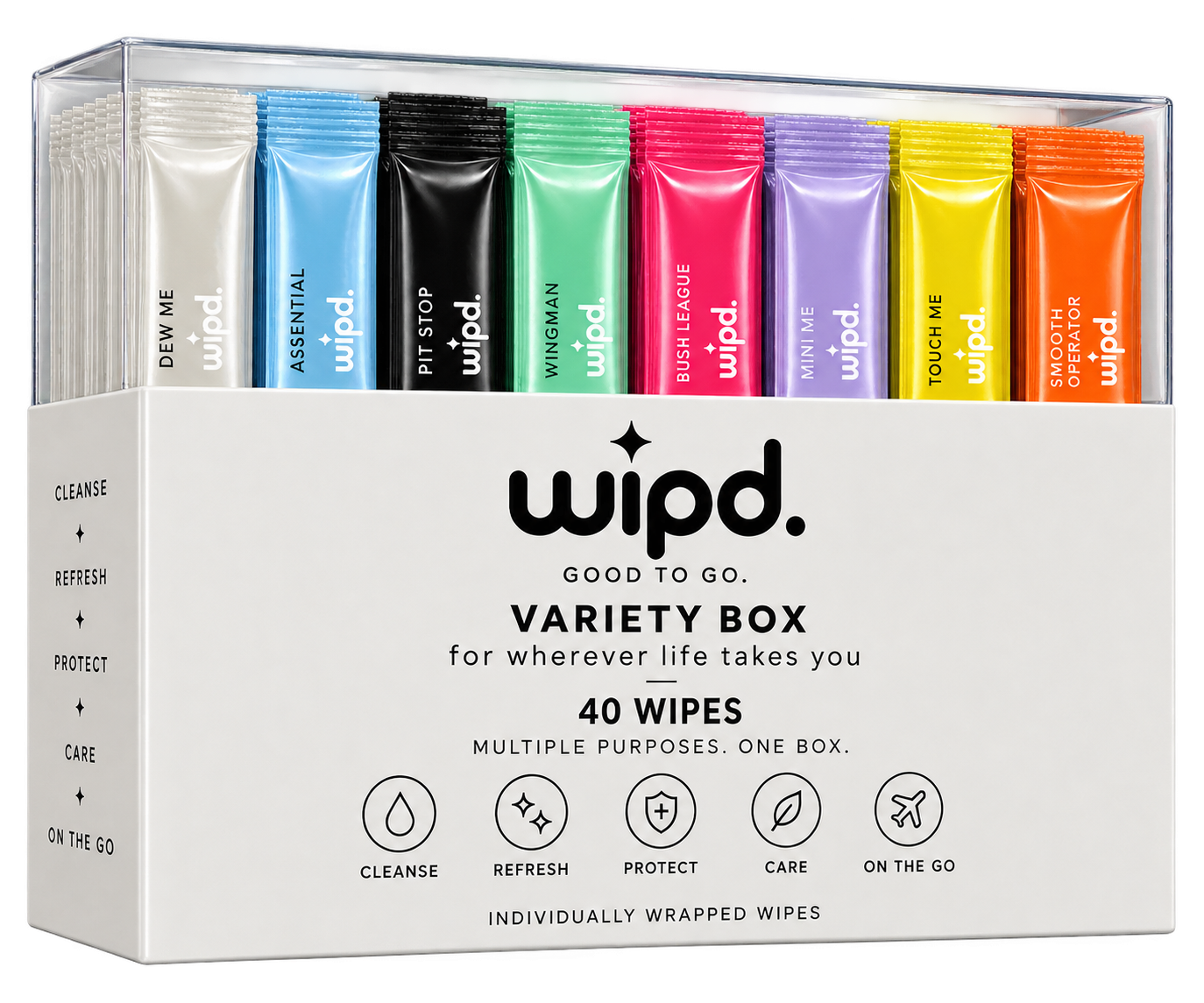 WIPD variety box holding 40 individually wrapped wipes in all eight formulas