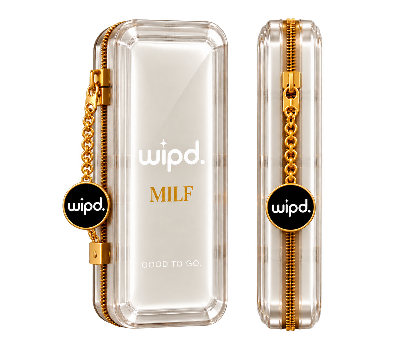 WIPD milf case — pearlescent clear zip case with gold hardware